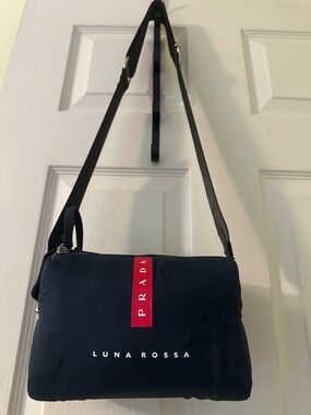Prada Black Nylon Messenger with Red Logo Stripe